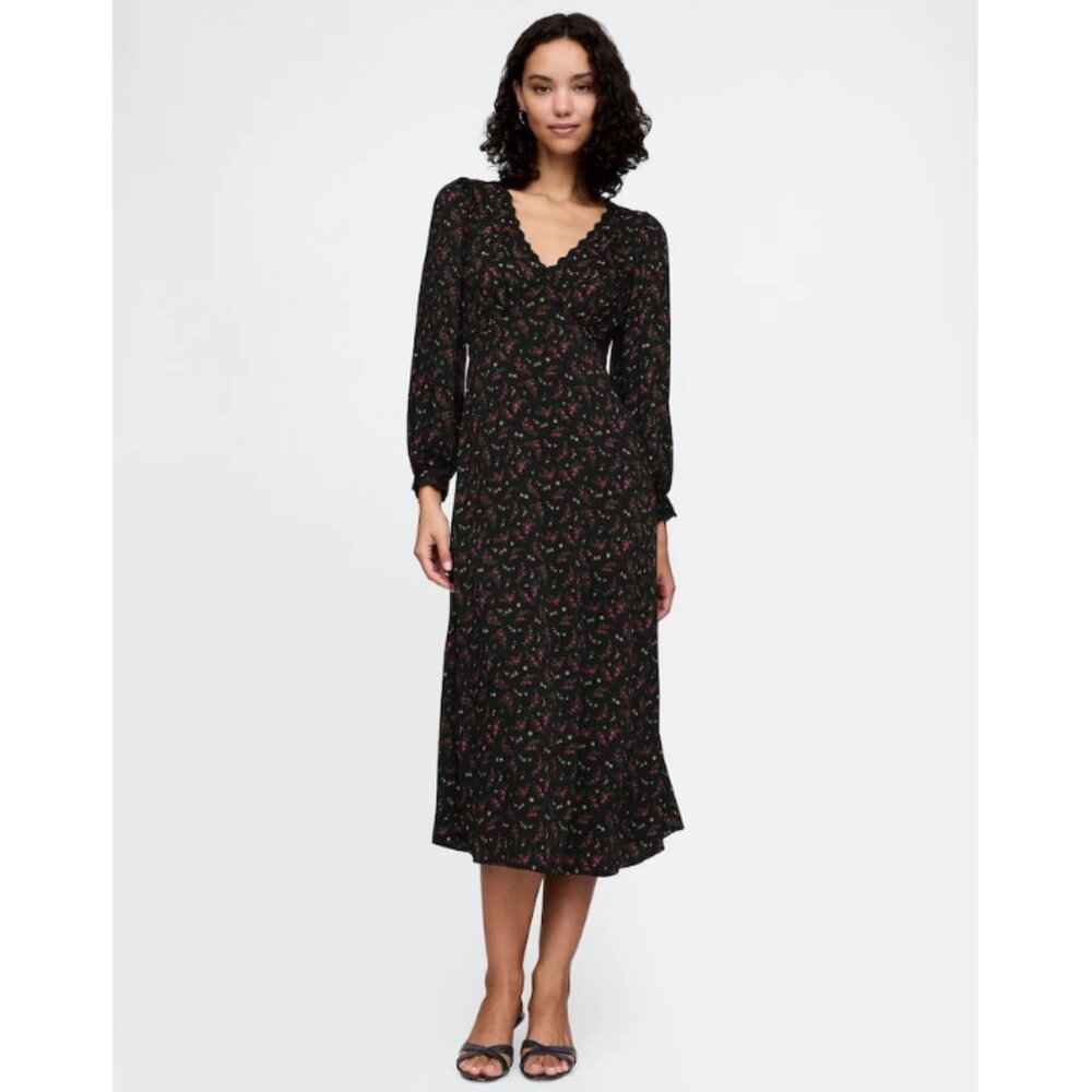 Gap Black Floral Satin Empire Midi Dress Size S
